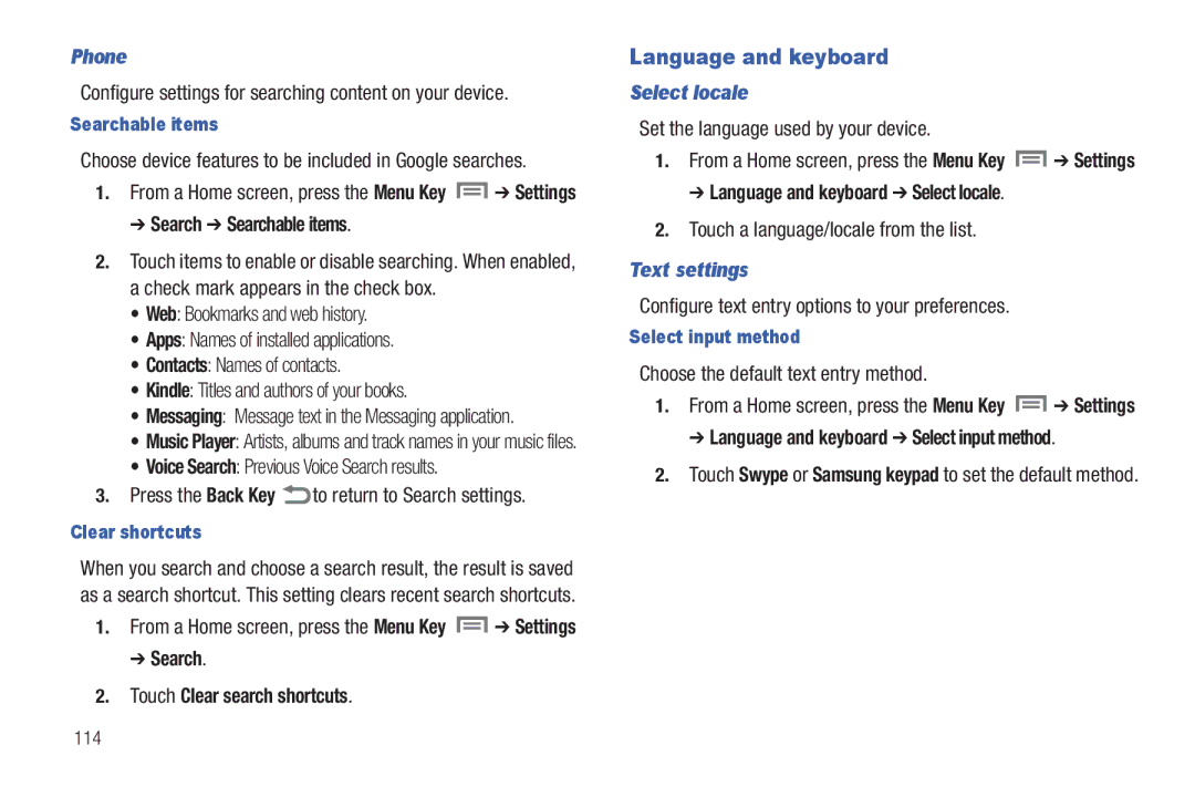 Samsung The Samsung Galaxy Tab user manual Language and keyboard, Phone, Select locale, Text settings 