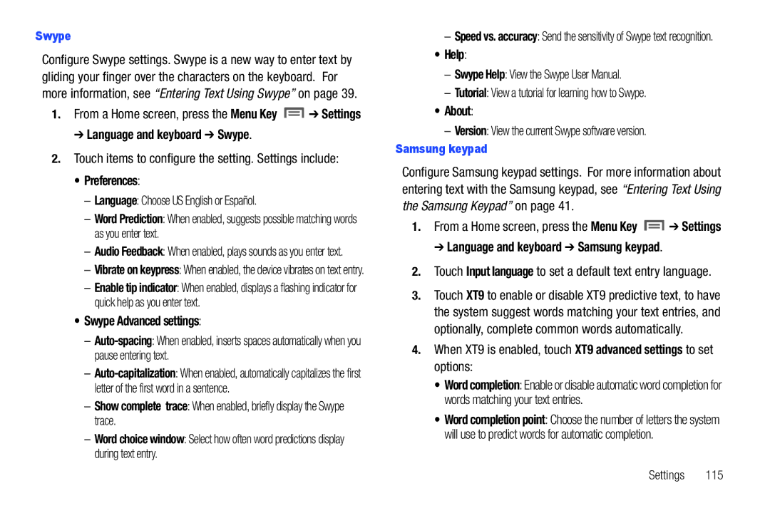 Samsung The Samsung Galaxy Tab user manual Language and keyboard Swype, Preferences, Swype Advanced settings, Help, About 