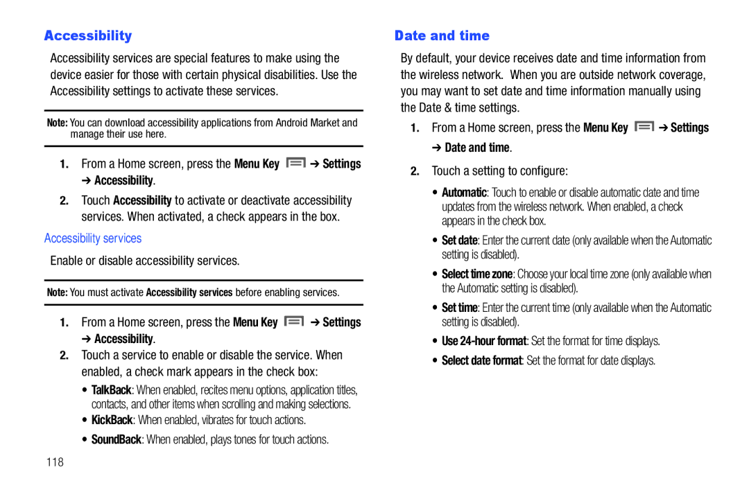 Samsung The Samsung Galaxy Tab user manual Date and time, Accessibility services 