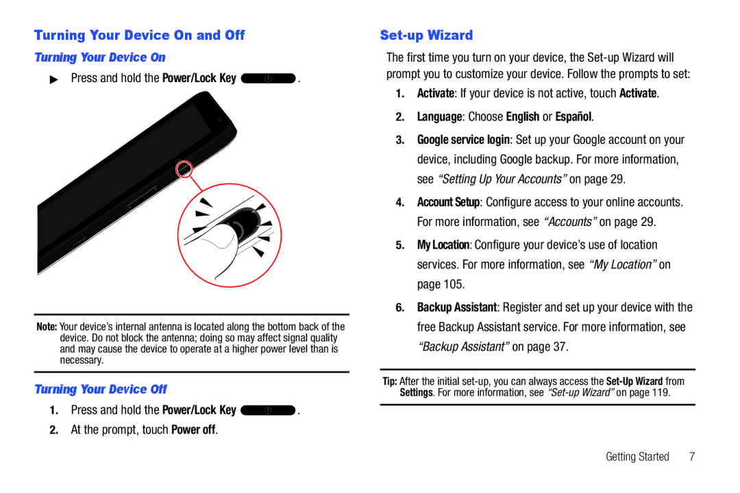 Samsung The Samsung Galaxy Tab user manual Turning Your Device On and Off, Set-up Wizard, Turning Your Device Off 