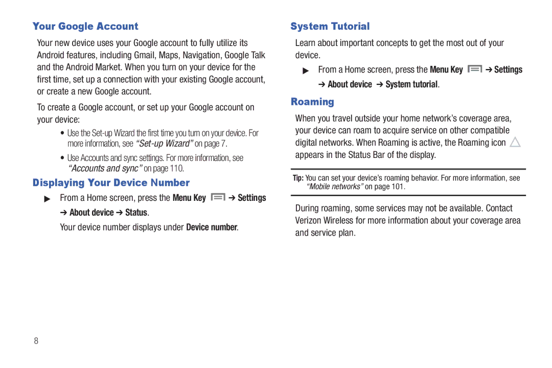 Samsung The Samsung Galaxy Tab user manual Your Google Account, Displaying Your Device Number, System Tutorial, Roaming 