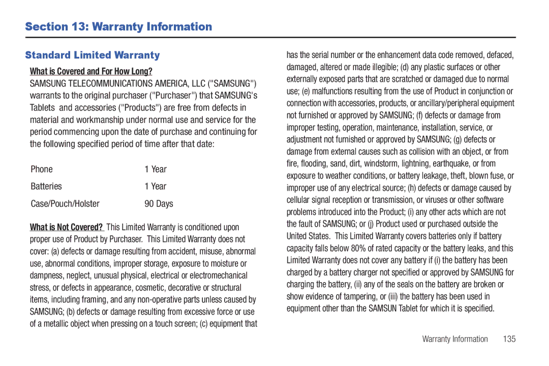 Samsung The Samsung Galaxy Tab Warranty Information, Standard Limited Warranty, What is Covered and For How Long? 