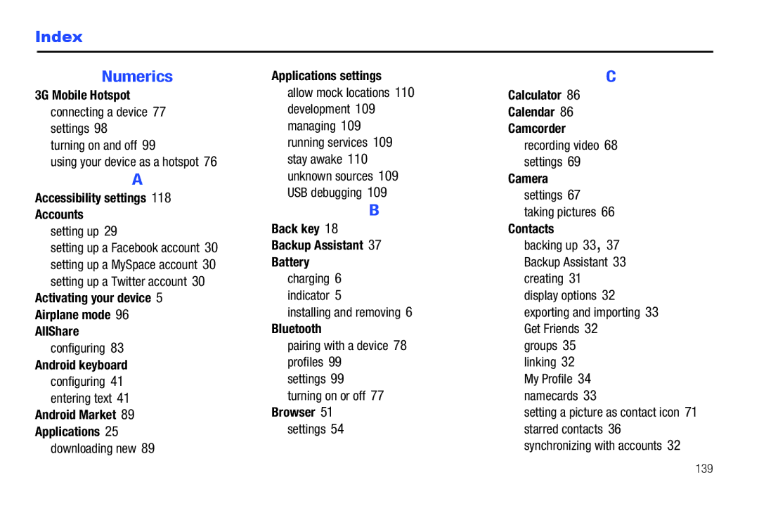 Samsung The Samsung Galaxy Tab user manual Index Numerics 