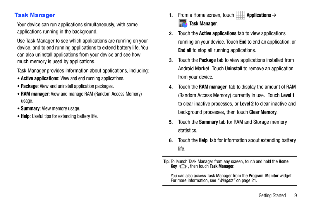 Samsung The Samsung Galaxy Tab user manual Task Manager, Active applications View and end running applications 