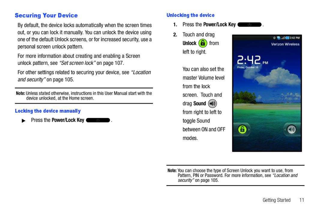 Samsung The Samsung Galaxy Tab user manual Securing Your Device, Press the Power/Lock Key, Touch and drag 