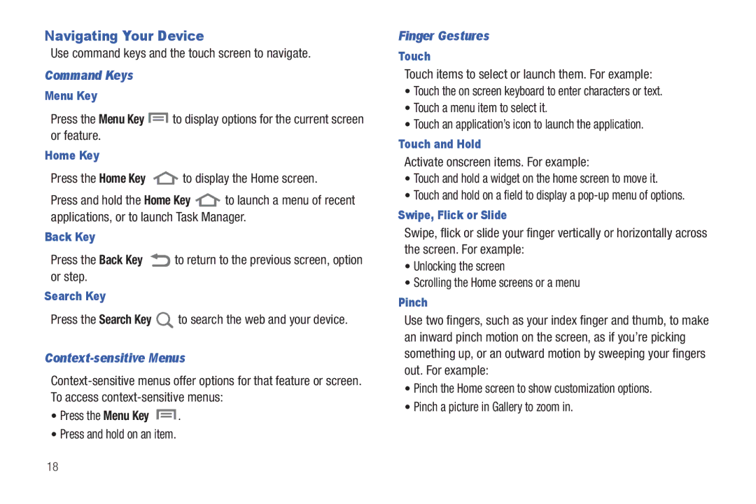 Samsung The Samsung Galaxy Tab user manual Navigating Your Device, Command Keys, Context-sensitive Menus, Finger Gestures 