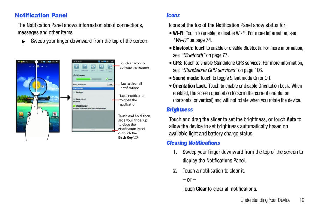 Samsung The Samsung Galaxy Tab Notification Panel, Icons, Sound mode Touch to toggle Silent mode On or Off, Brightness 