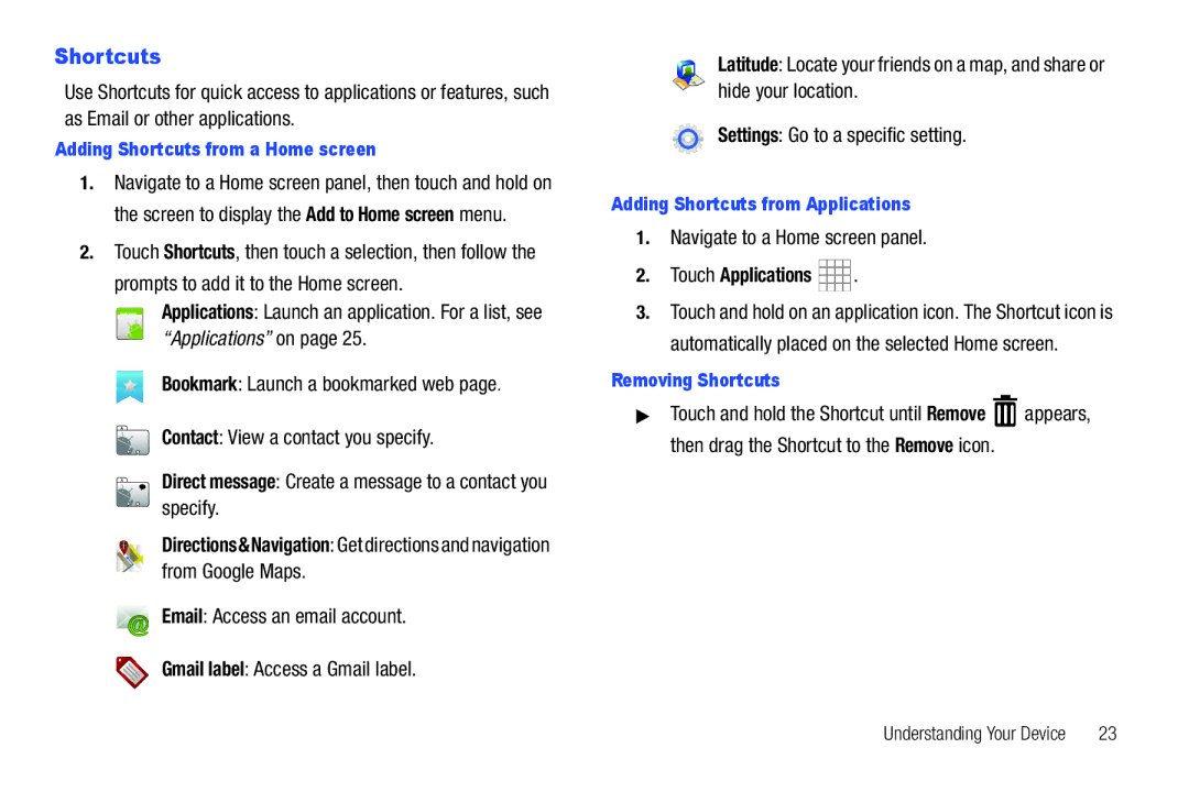 Samsung The Samsung Galaxy Tab user manual Shortcuts, Prompts to add it to the Home screen, Navigate to a Home screen panel 