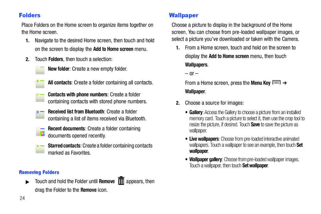 Samsung The Samsung Galaxy Tab user manual Wallpaper, Choose a source for images, Removing Folders 