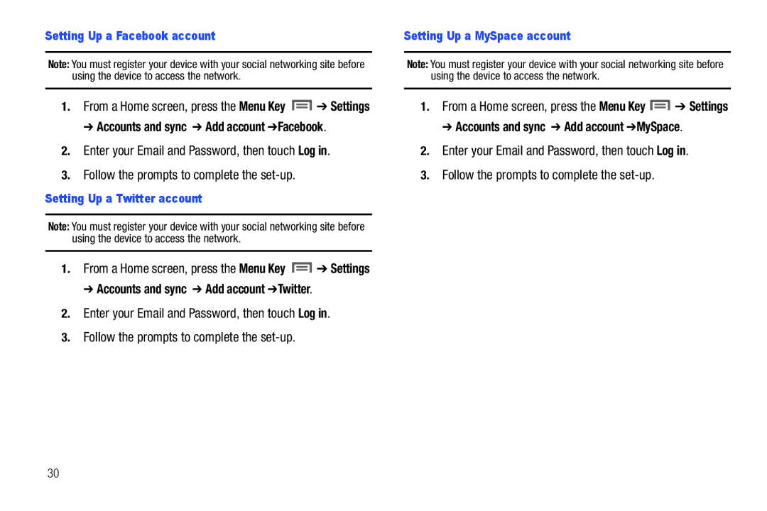 Samsung The Samsung Galaxy Tab user manual Accounts and sync Add account Twitter, Accounts and sync Add account MySpace 