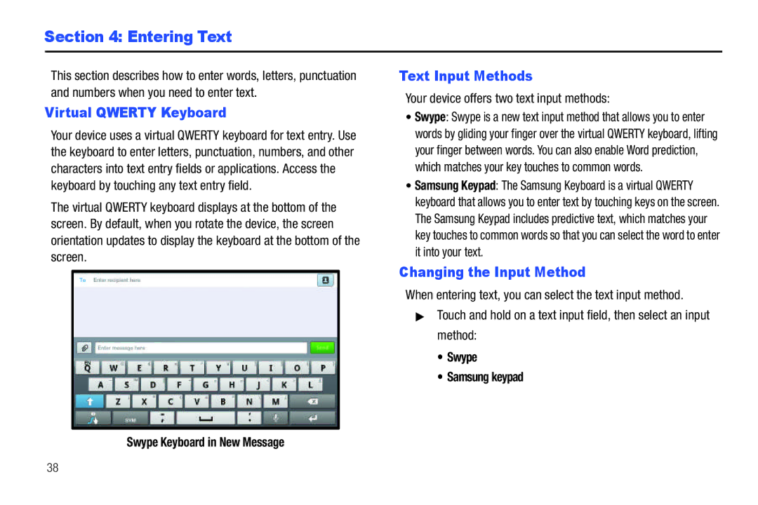 Samsung The Samsung Galaxy Tab Entering Text, Virtual Qwerty Keyboard, Text Input Methods, Changing the Input Method 