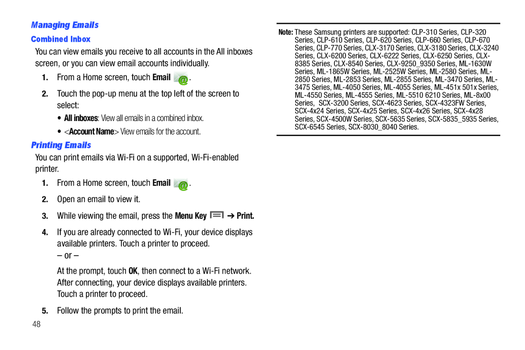 Samsung The Samsung Galaxy Tab Managing Emails, Account Name View emails for the account, Printing Emails, Combined Inbox 