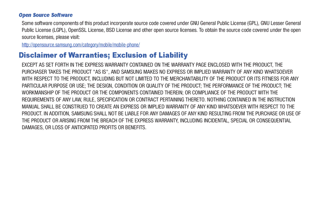 Samsung The Samsung Galaxy Tab user manual Disclaimer of Warranties Exclusion of Liability, Open Source Software 