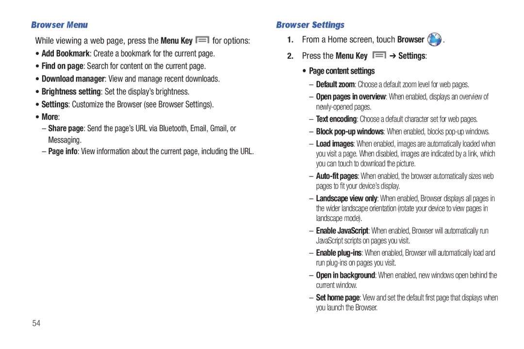 Samsung The Samsung Galaxy Tab user manual Browser Menu, Find on page Search for content on the current, Browser Settings 