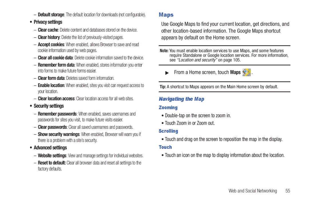 Samsung The Samsung Galaxy Tab user manual Maps, Privacy settings, Security settings, Advanced settings, Navigating the Map 