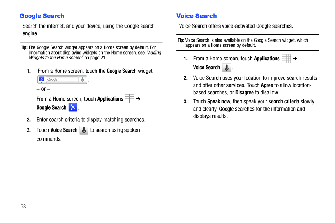 Samsung The Samsung Galaxy Tab user manual Google Search, Voice Search offers voice-activated Google searches 