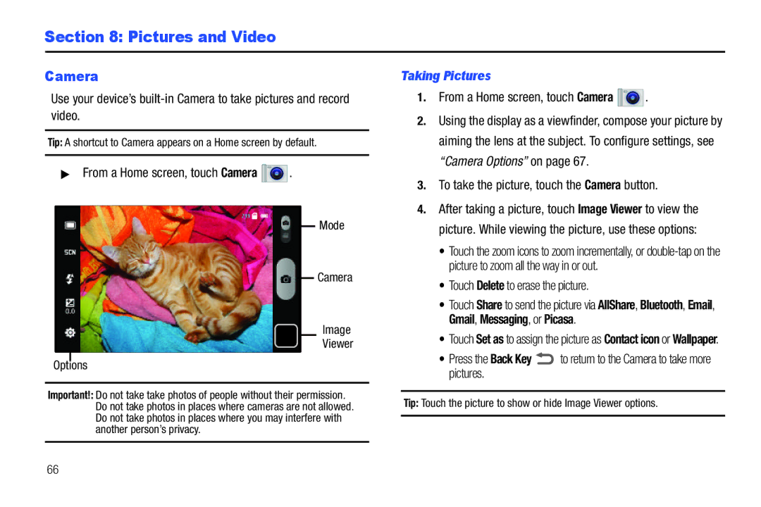 Samsung The Samsung Galaxy Tab user manual Pictures and Video, Camera, Taking Pictures 