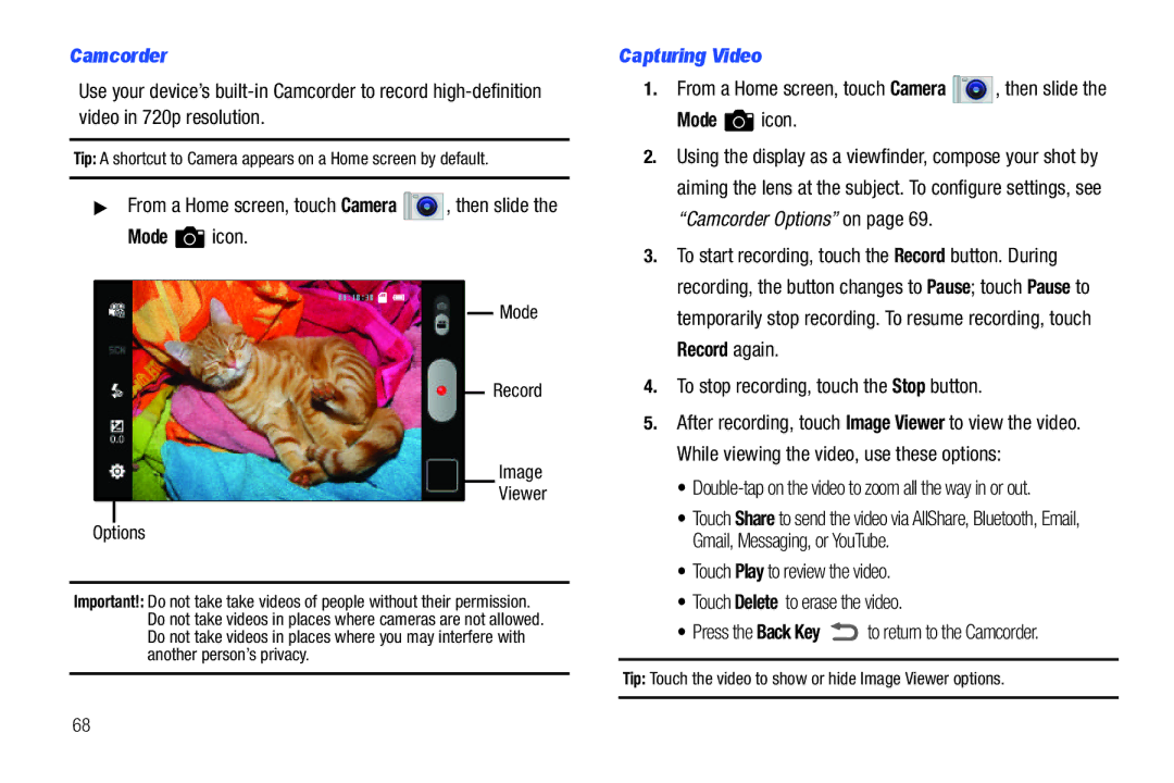 Samsung The Samsung Galaxy Tab user manual Camcorder, Mode icon, Capturing Video, To stop recording, touch the Stop button 