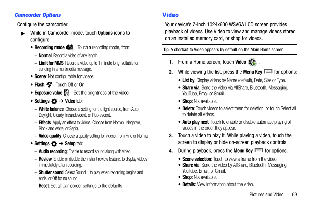 Samsung The Samsung Galaxy Tab user manual Camcorder Options, Settings Video tab 