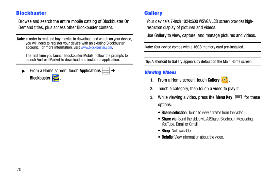 Samsung The Samsung Galaxy Tab user manual Blockbuster, Gallery, Viewing Videos 