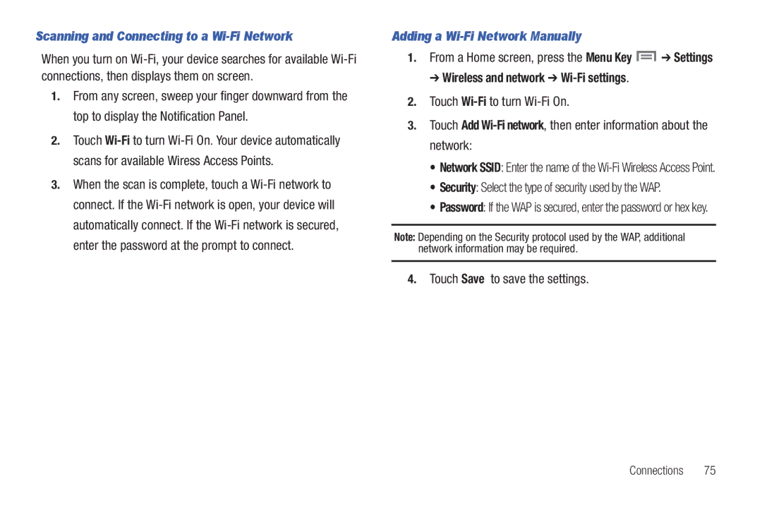 Samsung The Samsung Galaxy Tab user manual Scanning and Connecting to a Wi-Fi Network, Adding a Wi-Fi Network Manually 