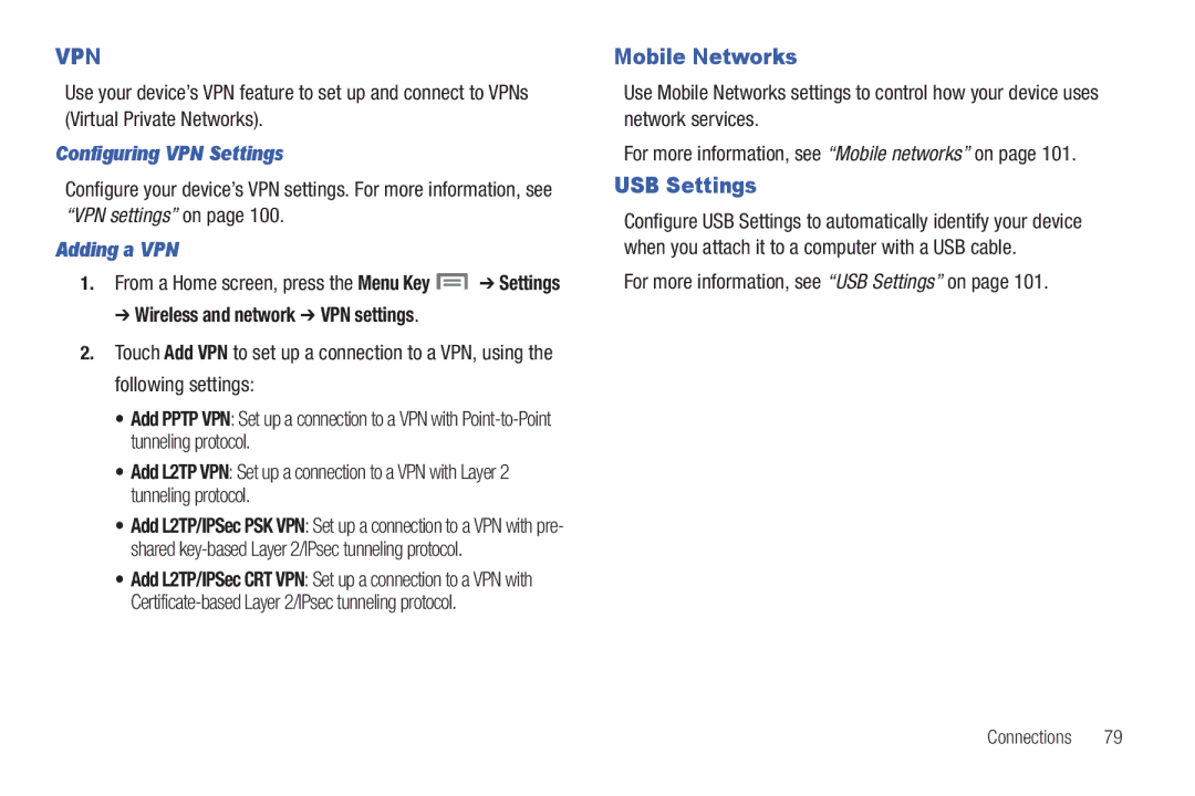 Samsung The Samsung Galaxy Tab user manual Mobile Networks, USB Settings, Configuring VPN Settings, Adding a VPN 