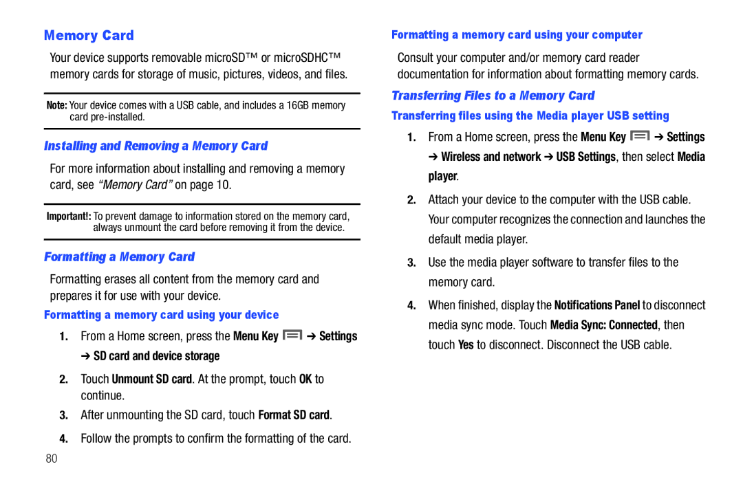 Samsung The Samsung Galaxy Tab Installing and Removing a Memory Card, Formatting a Memory Card, SD card and device storage 