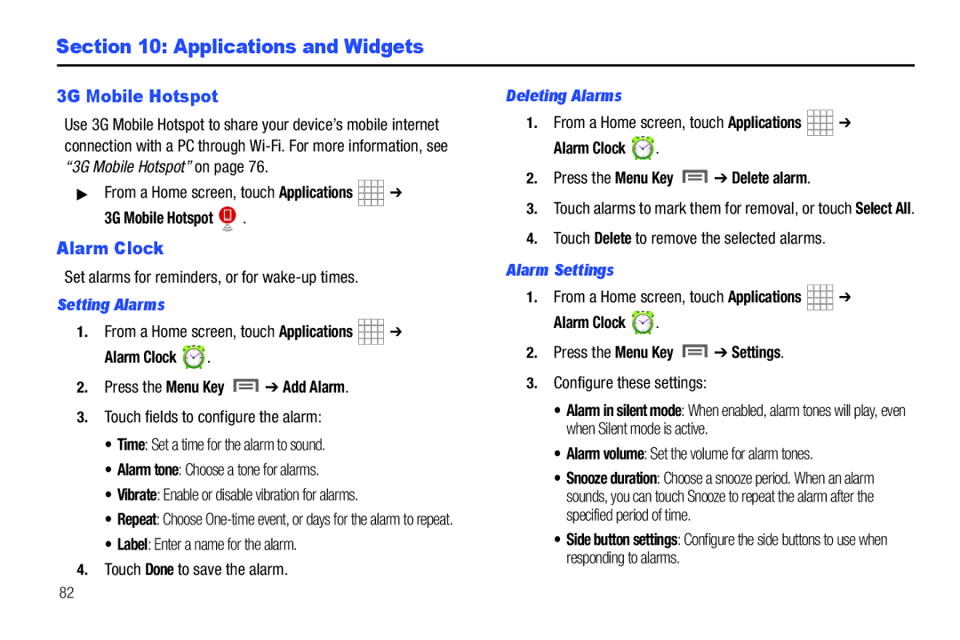 Samsung The Samsung Galaxy Tab Applications and Widgets, Alarm Clock, Setting Alarms, Deleting Alarms, Alarm Settings 