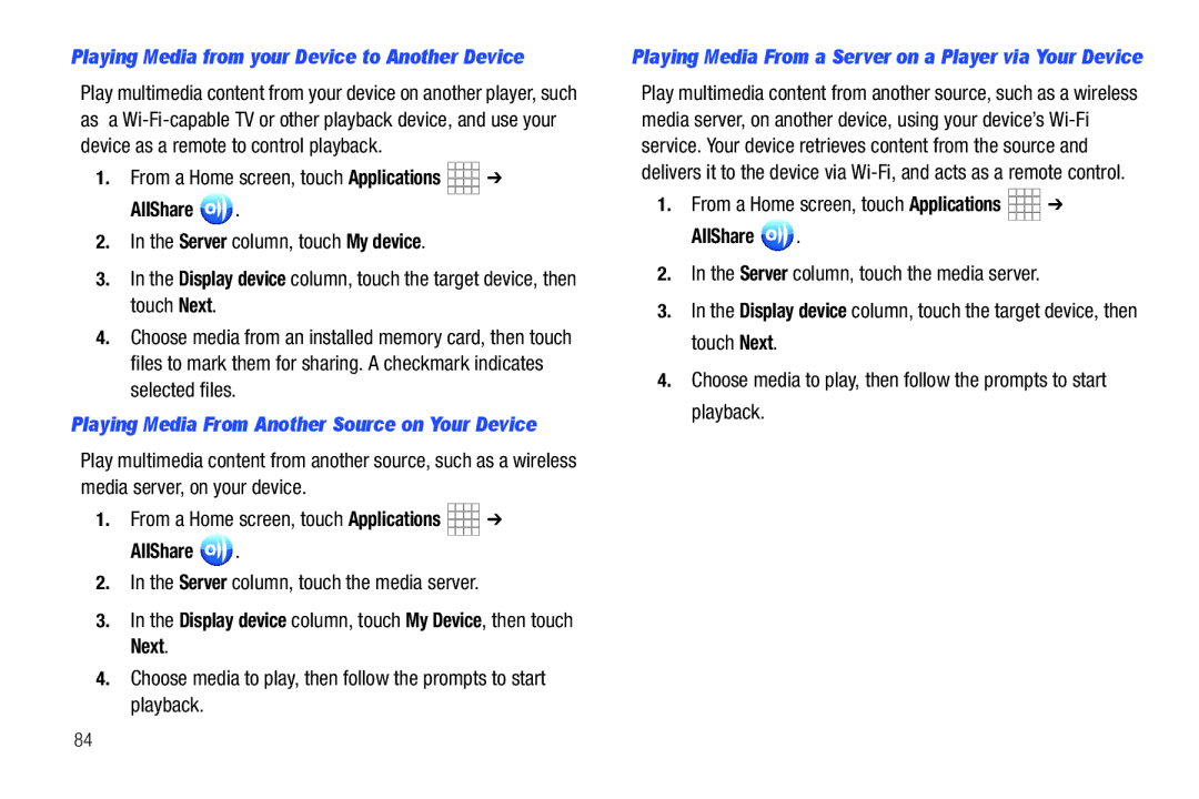 Samsung The Samsung Galaxy Tab user manual AllShare, Playing Media from your Device to Another Device 