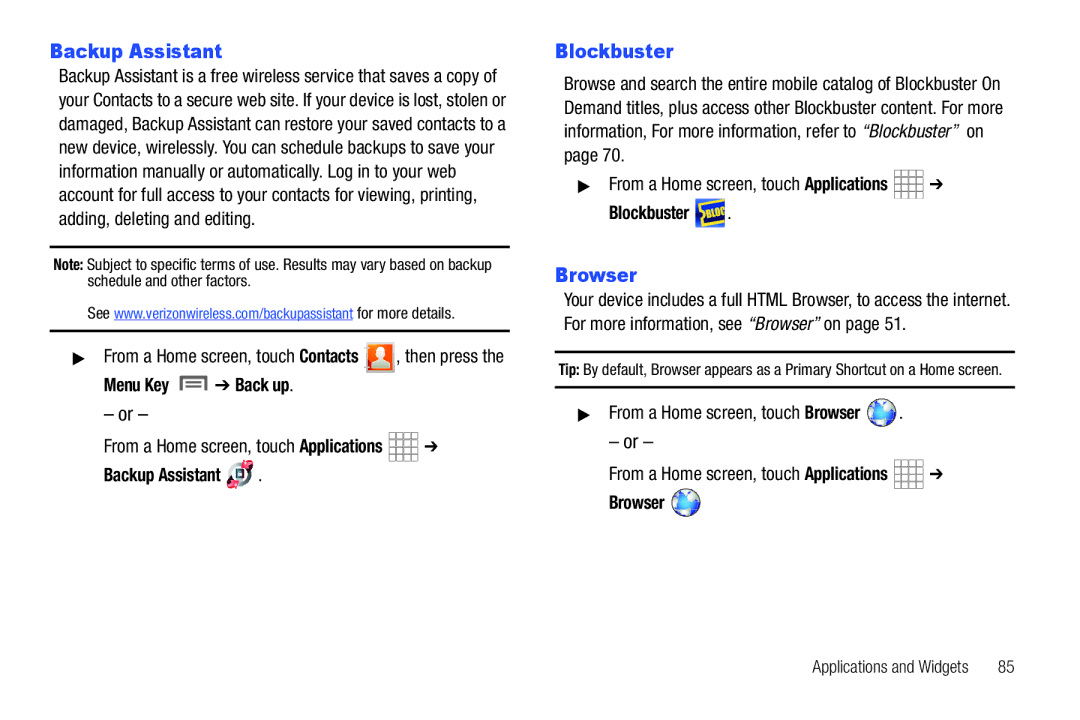 Samsung The Samsung Galaxy Tab user manual Backup Assistant, Browser 