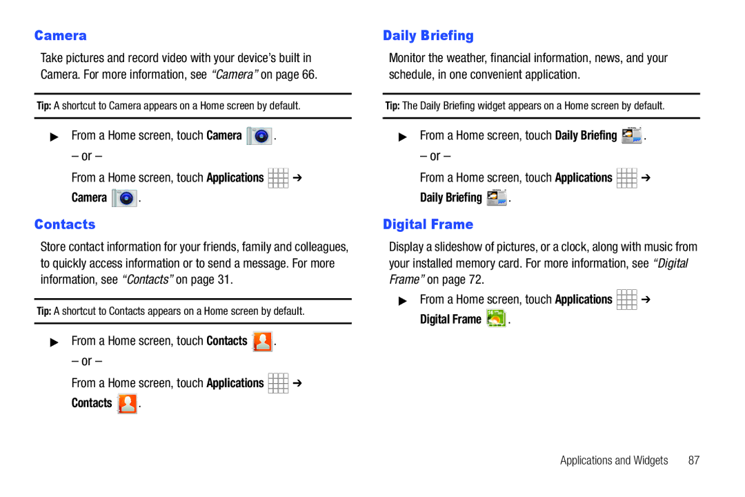 Samsung The Samsung Galaxy Tab user manual Daily Briefing, Camera, Contacts 