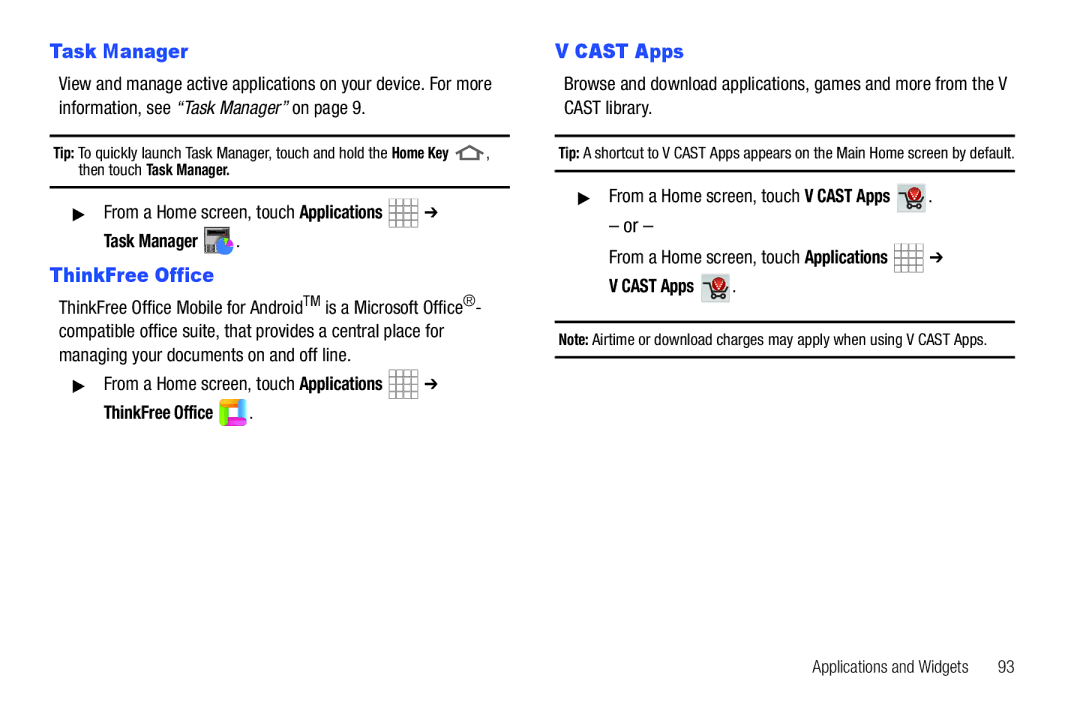 Samsung The Samsung Galaxy Tab user manual ThinkFree Office, Cast Apps 