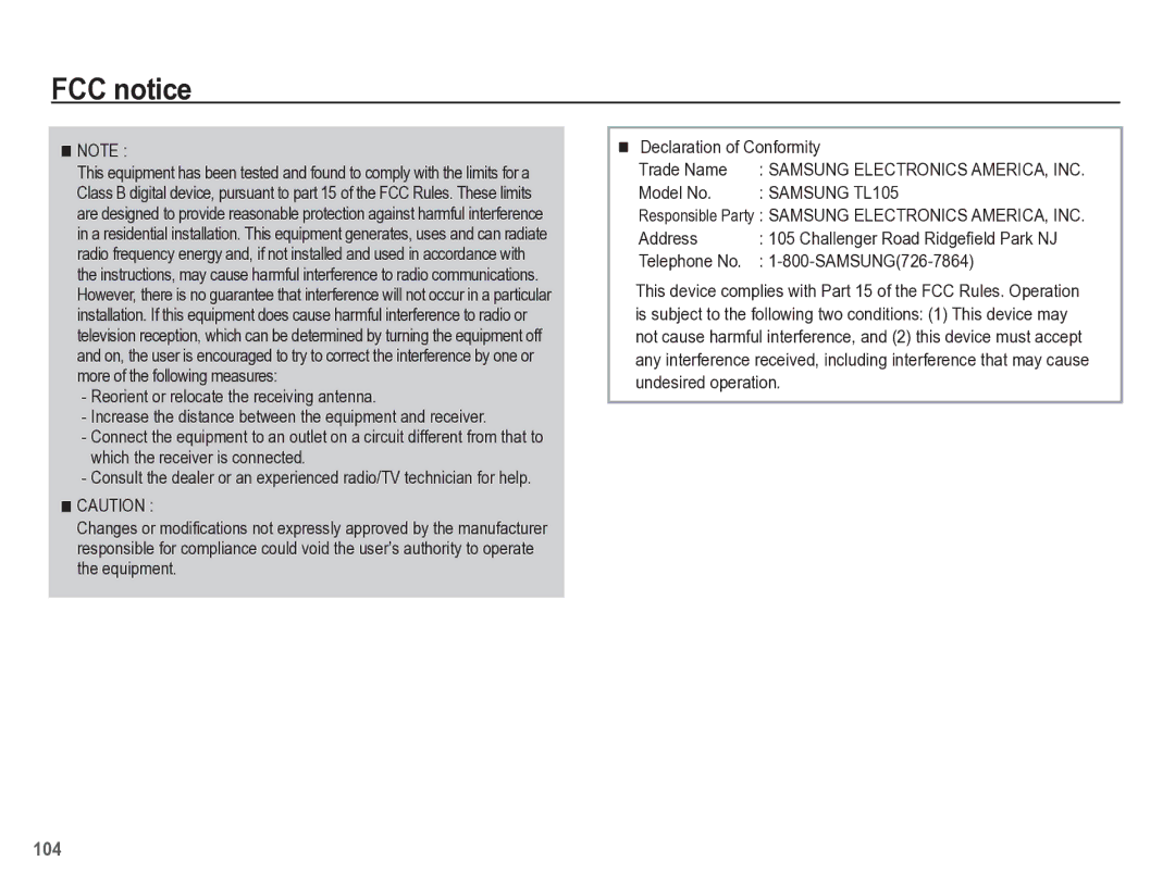 Samsung TL105 manual FCC notice, Model No, Address, Telephone No SAMSUNG726-7864 