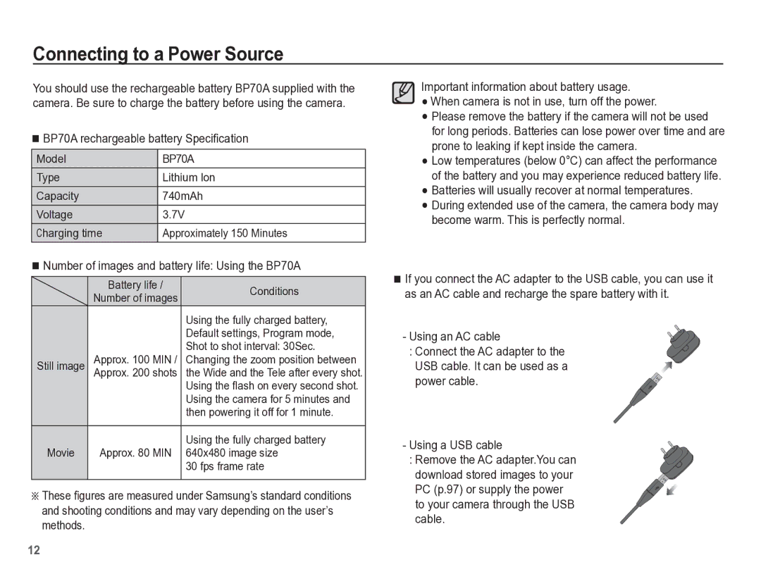 Samsung TL105 manual Connecting to a Power Source, BP70A rechargeable battery Speciﬁcation 