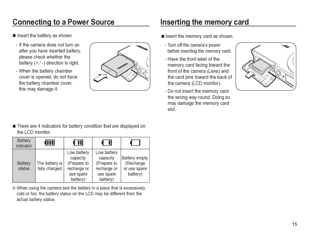 Samsung TL105 manual Inserting the memory card, Insert the battery as shown, Insert the memory card as shown, Battery 