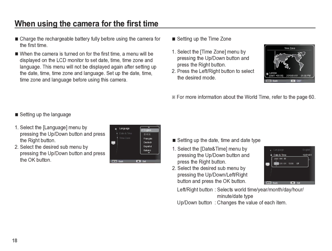 Samsung TL105 manual When using the camera for the ﬁrst time, Setting up the Time Zone, Setting up the language 