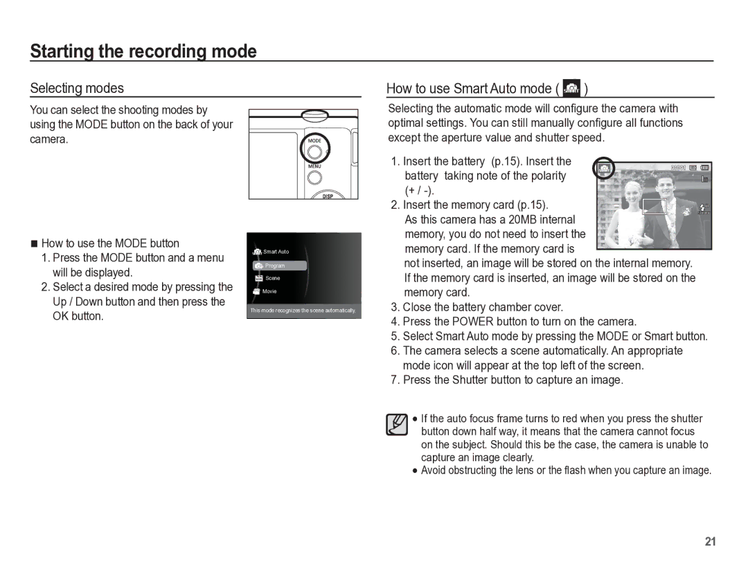 Samsung TL105 manual Starting the recording mode, Selecting modes How to use Smart Auto mode 