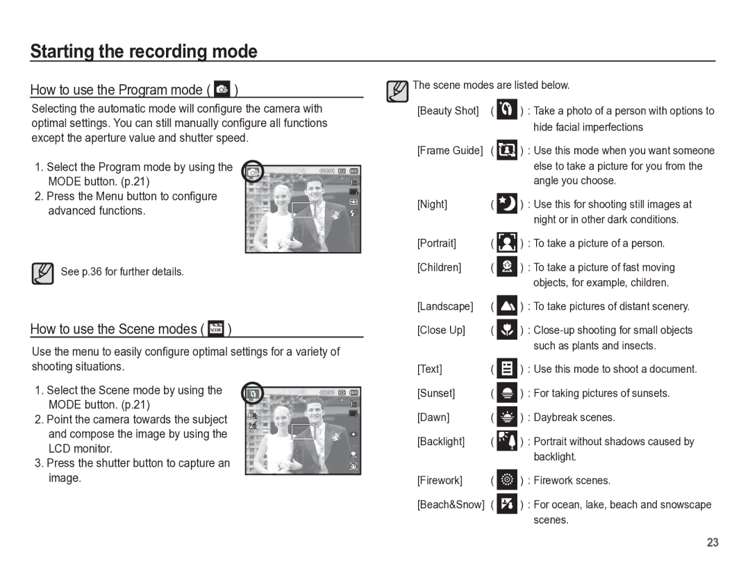 Samsung TL105 manual How to use the Program mode, How to use the Scene modes 