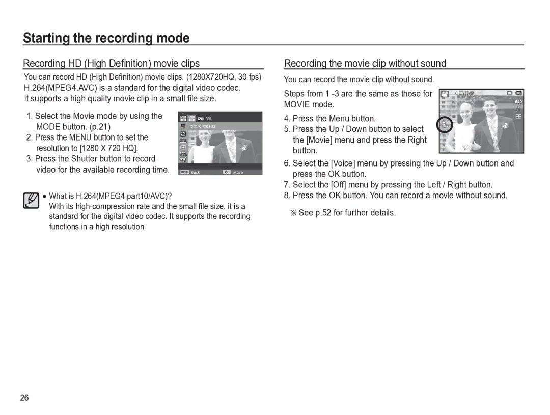 Samsung TL105 manual Recording HD High Deﬁnition movie clips, Recording the movie clip without sound, Press the OK button 