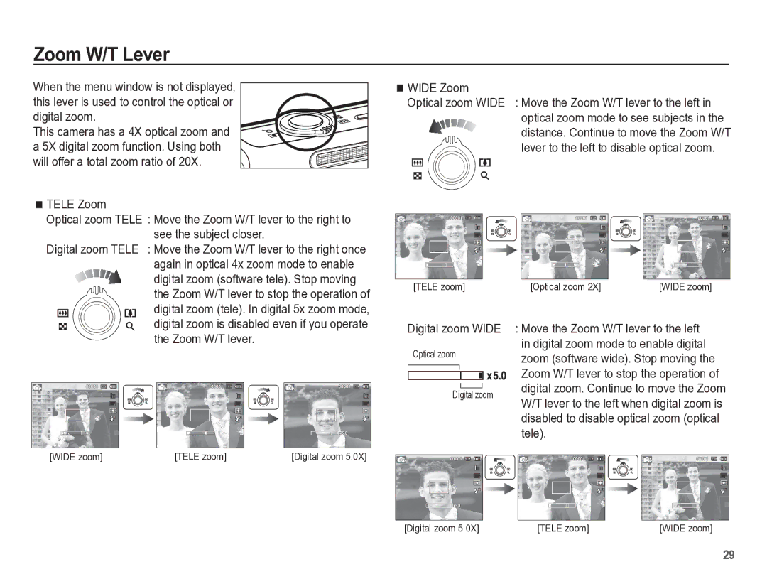 Samsung TL105 manual Zoom W/T Lever, Digital zoom. This camera has a 4X optical zoom, Digital zoom Wide 