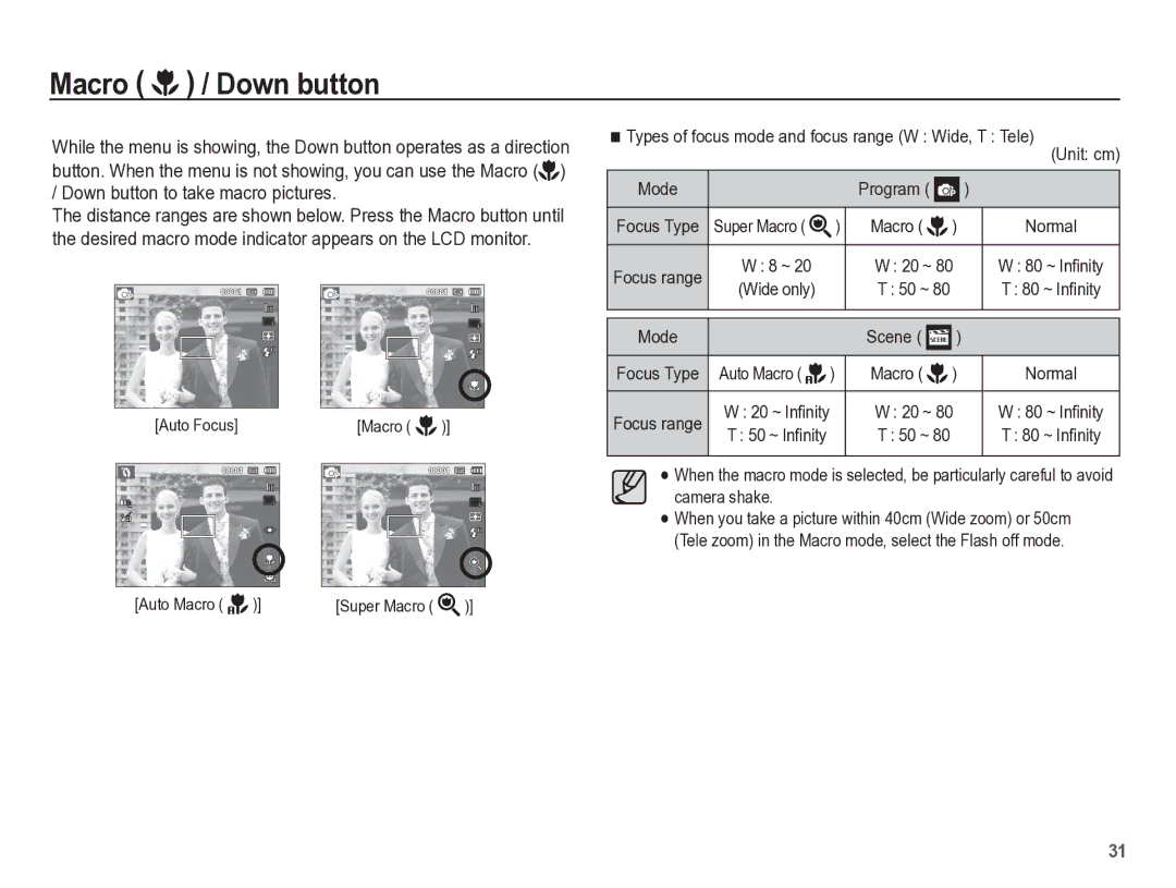 Samsung TL105 manual Macro / Down button, Auto Focus Macro, Types of focus mode and focus range W Wide, T Tele, Mode 