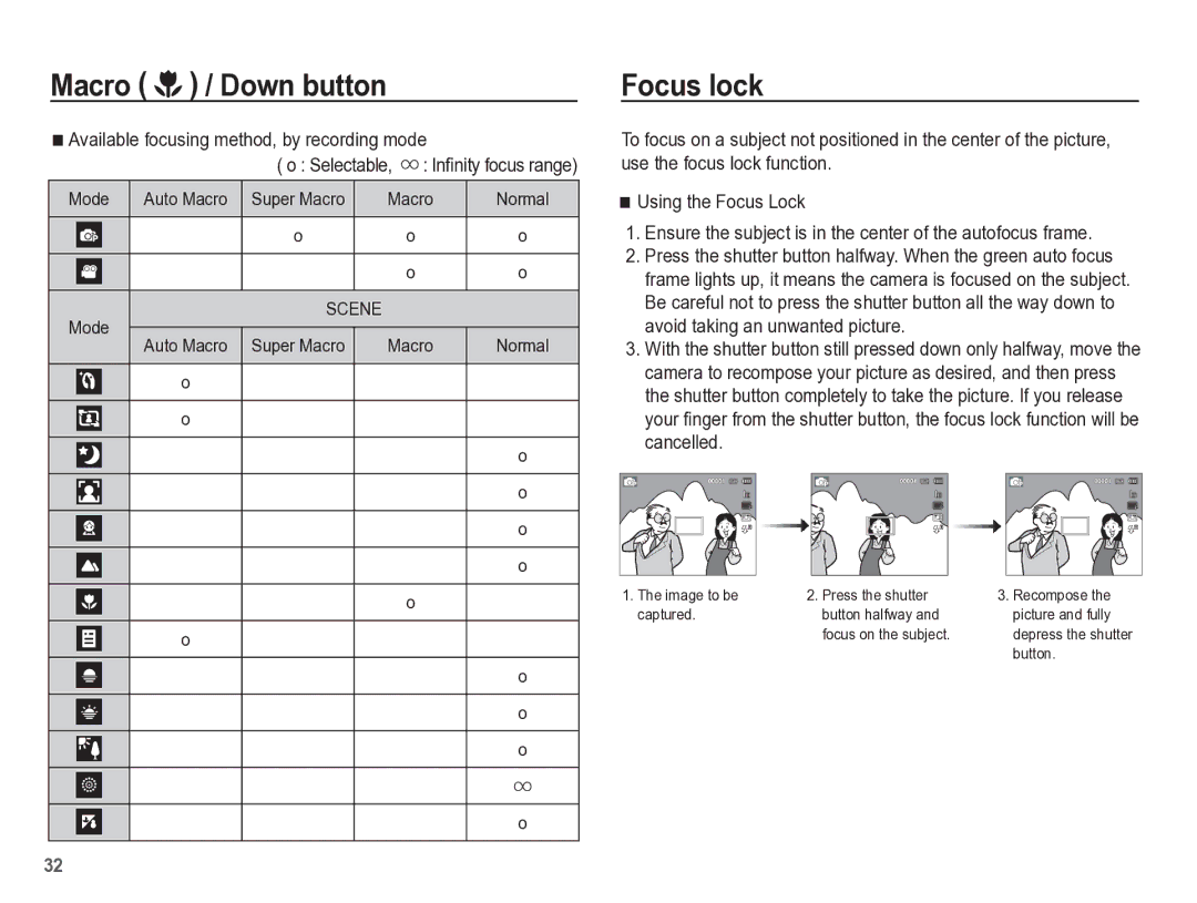 Samsung TL105 manual Focus lock, Available focusing method, by recording mode, Selectable, Inﬁnity focus range Mode 