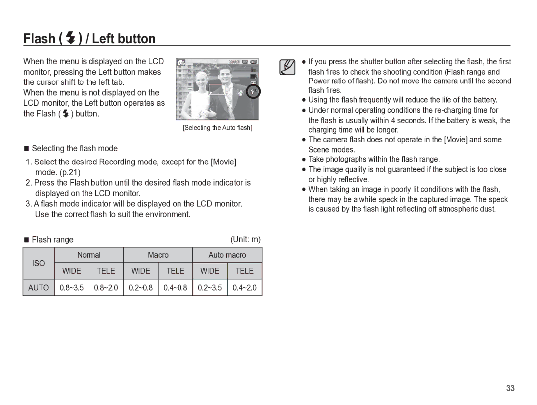 Samsung TL105 manual Flash / Left button, Flash range, Normal Macro Auto macro, ~3.5 ~2.0 ~0.8 