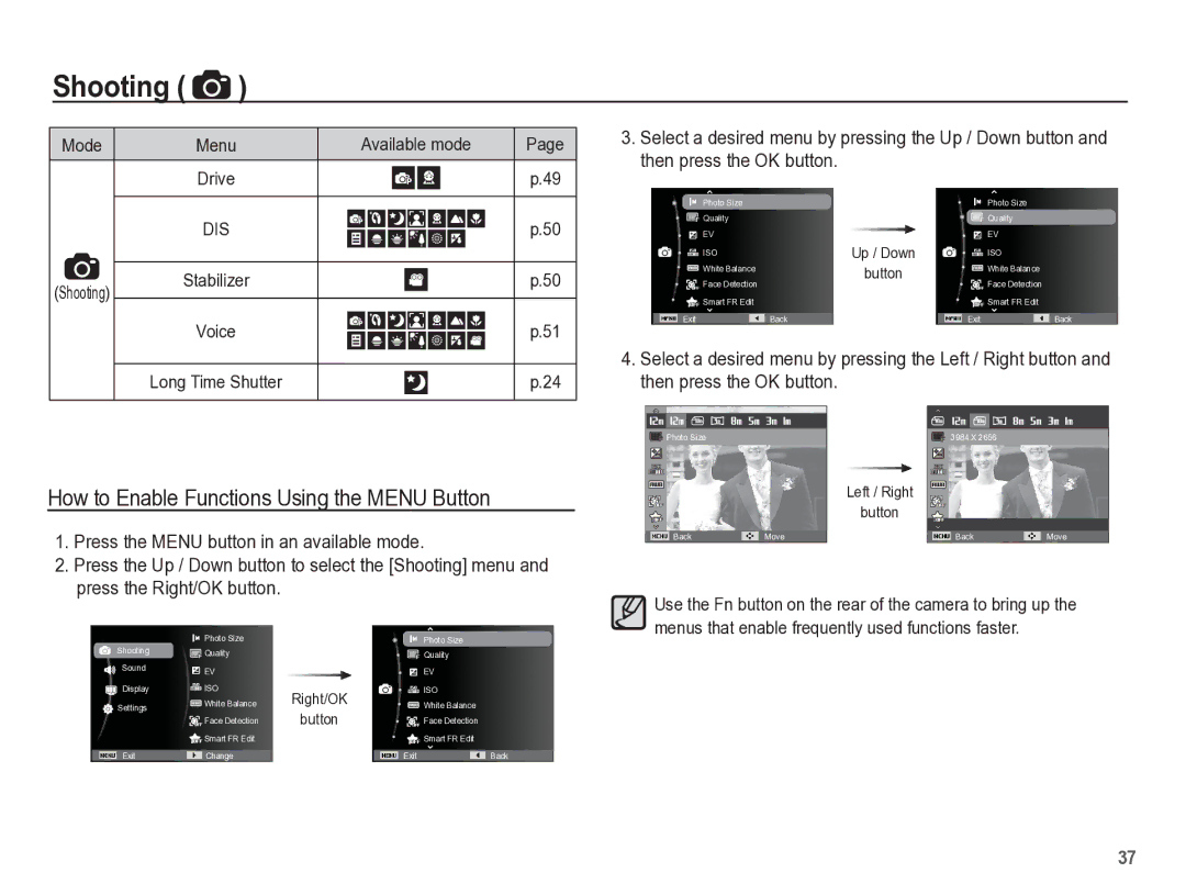 Samsung TL105 manual How to Enable Functions Using the Menu Button, Then press the OK button, Press the Right/OK button 