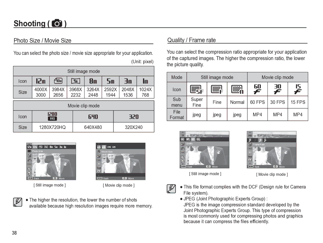 Samsung TL105 manual Photo Size / Movie Size, Quality / Frame rate 