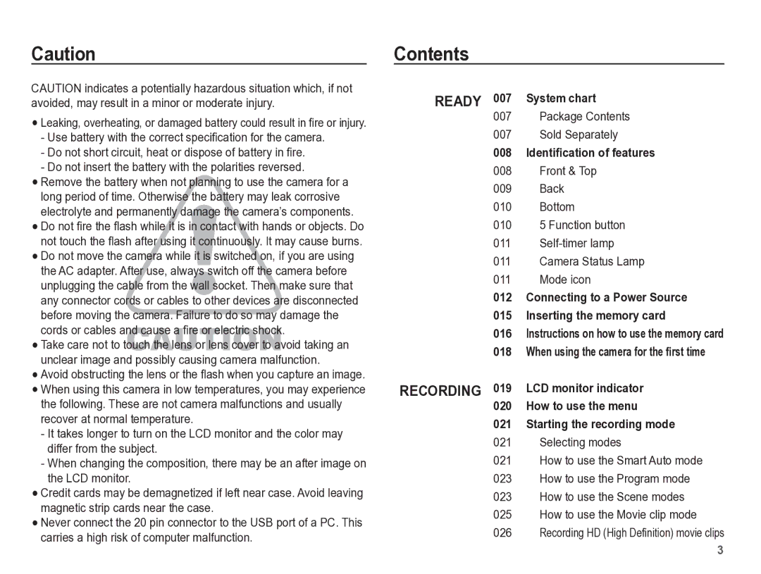 Samsung TL105 manual Contents 