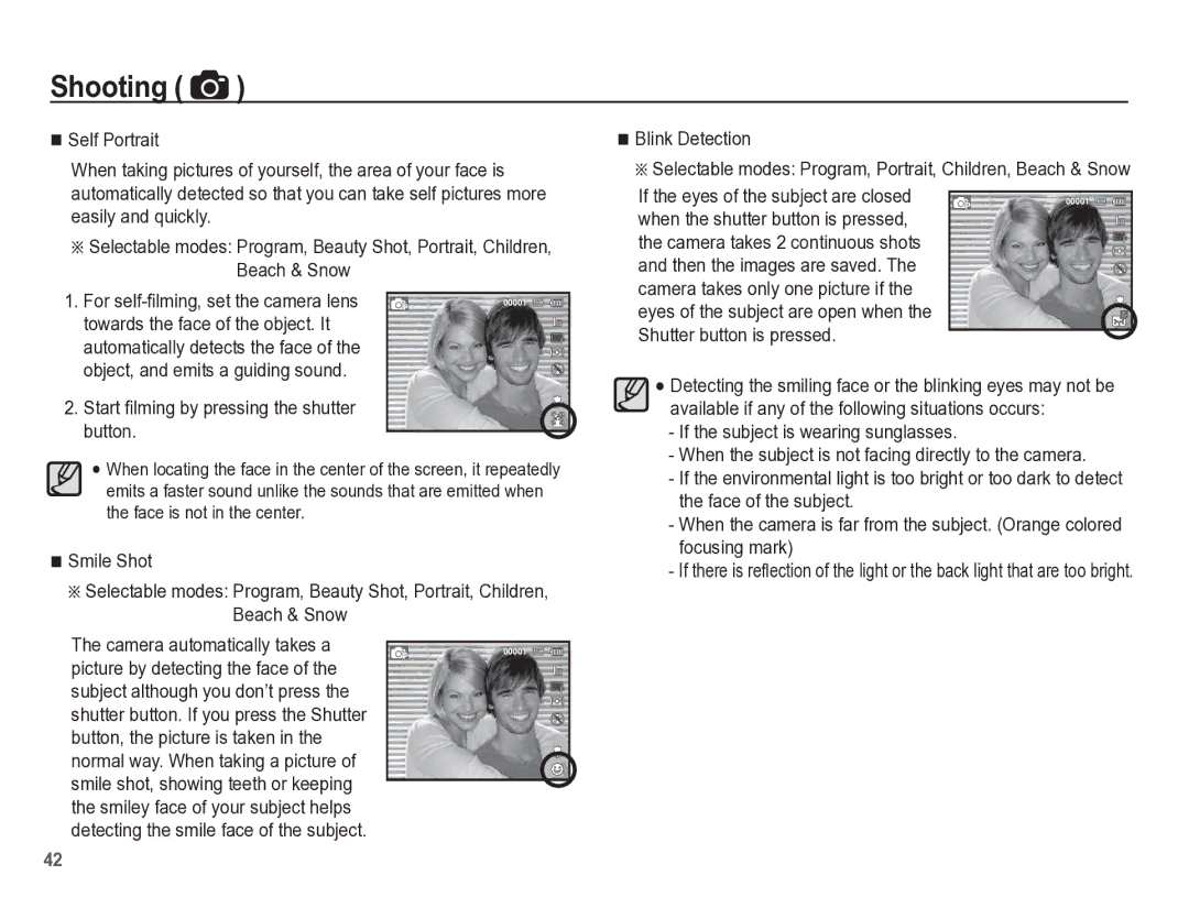 Samsung TL105 manual Start ﬁlming by pressing the shutter button, Blink Detection 