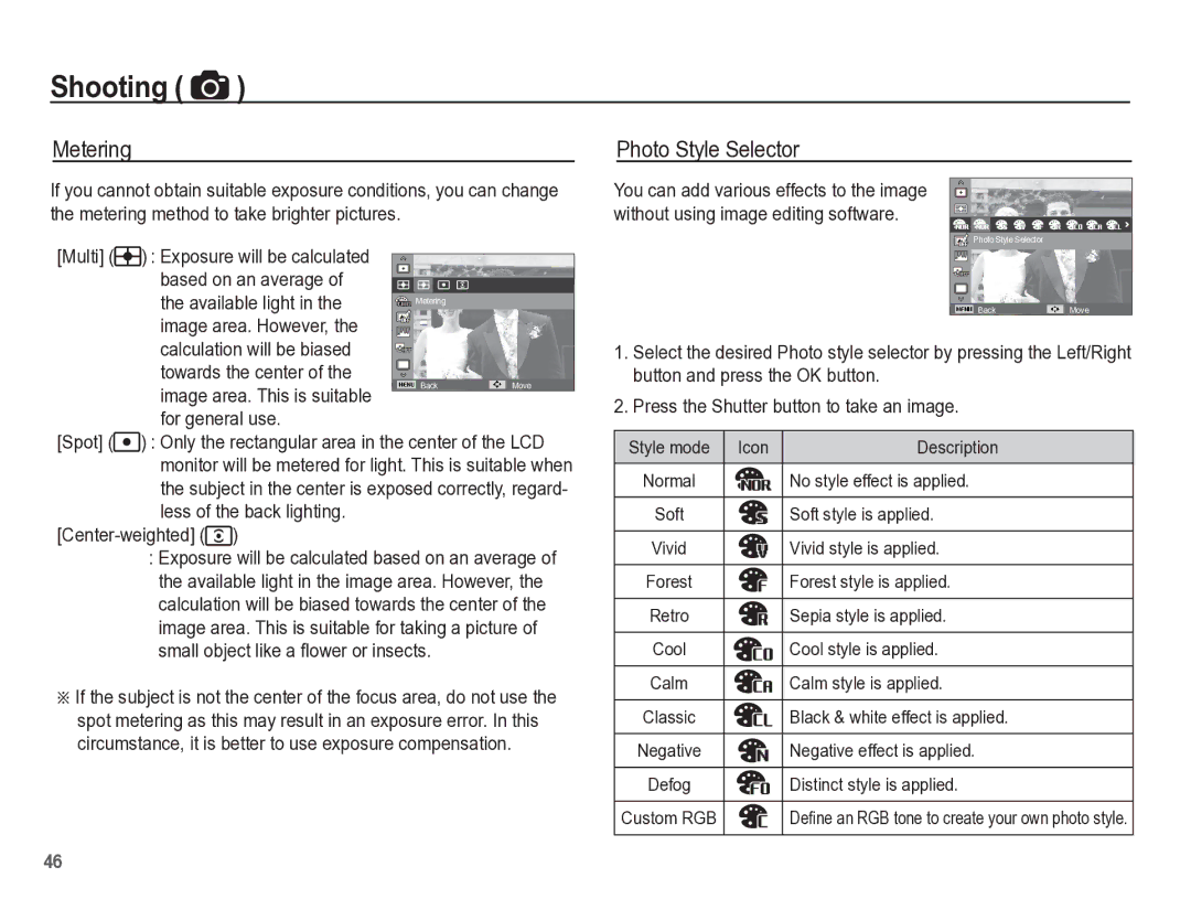 Samsung TL105 manual Metering, Photo Style Selector, Image area. This is suitable, For general use Spot, Center-weighted 