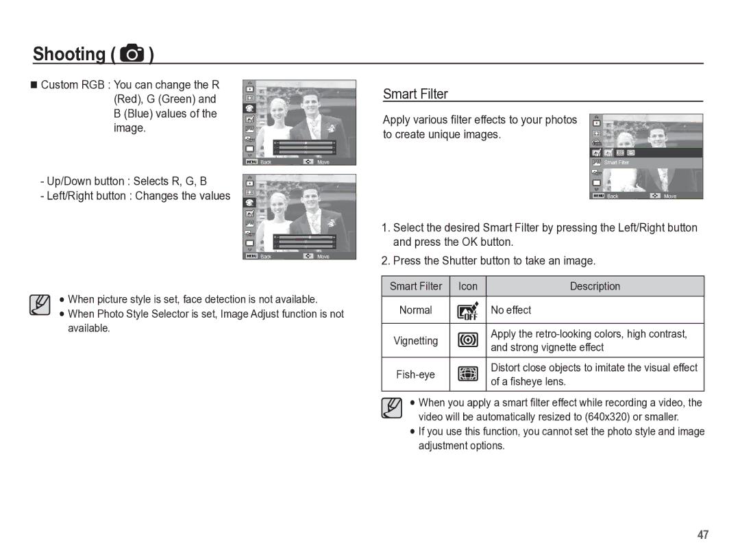 Samsung TL105 manual Smart Filter Icon Description, No effect, Strong vignette effect, A ﬁsheye lens 