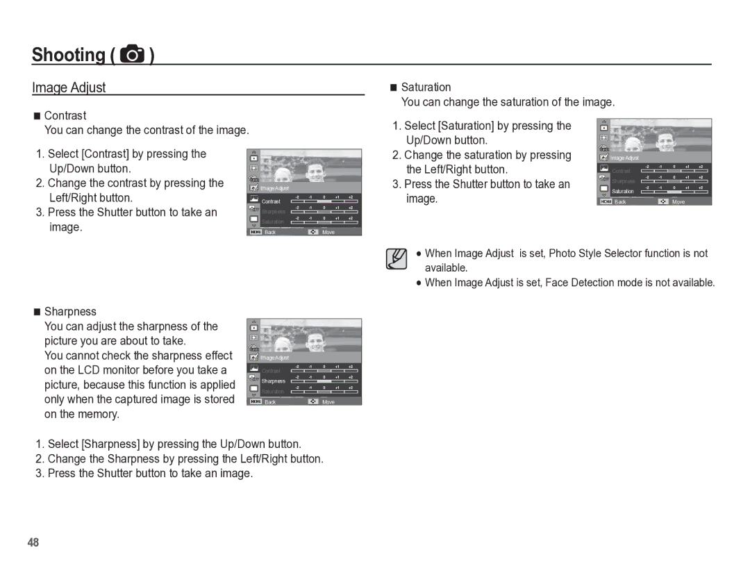 Samsung TL105 manual Image Adjust, Up/Down button, Left/Right button, Sharpness 